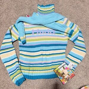 Y2K Mudd Women's Striped Turtleneck Sweater w/ Detachable Scarf Size L Blue NWT